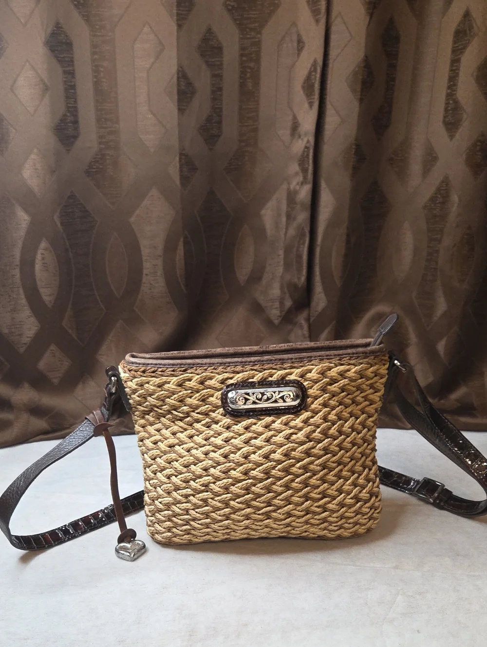 Brighton Woven Straw Crossbody with Brown Trim and Chocolate Strap-See Pictures